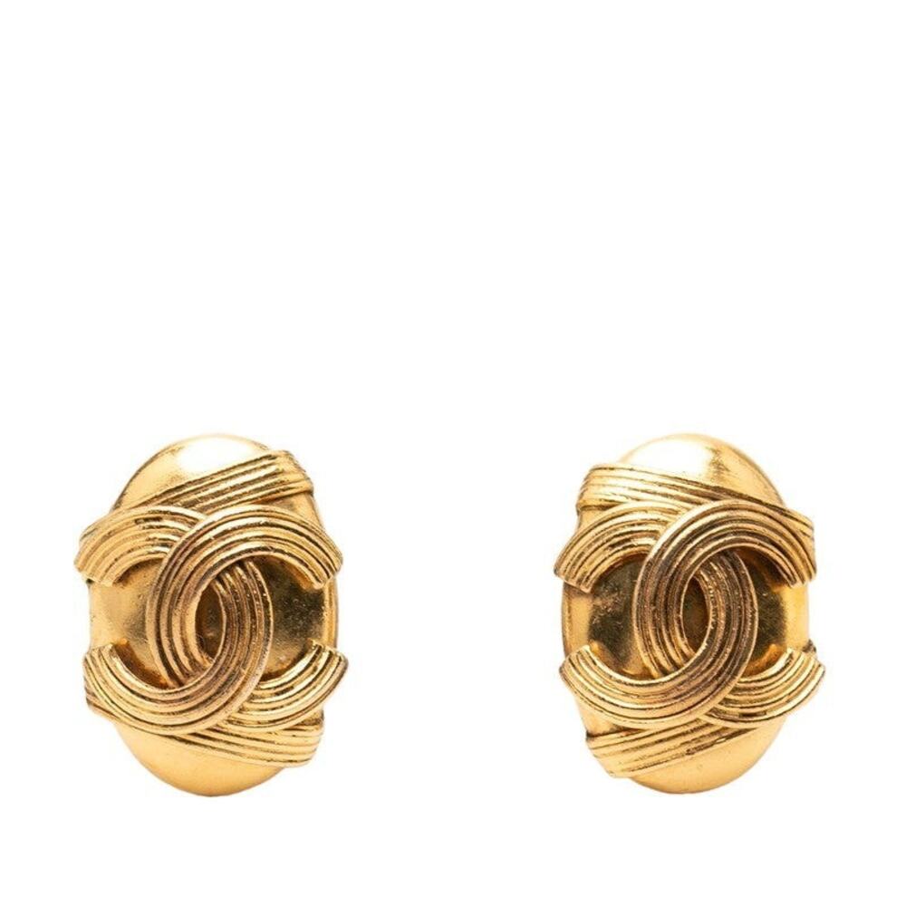 Chanel CC Logo Oval Plated Earrings Gold